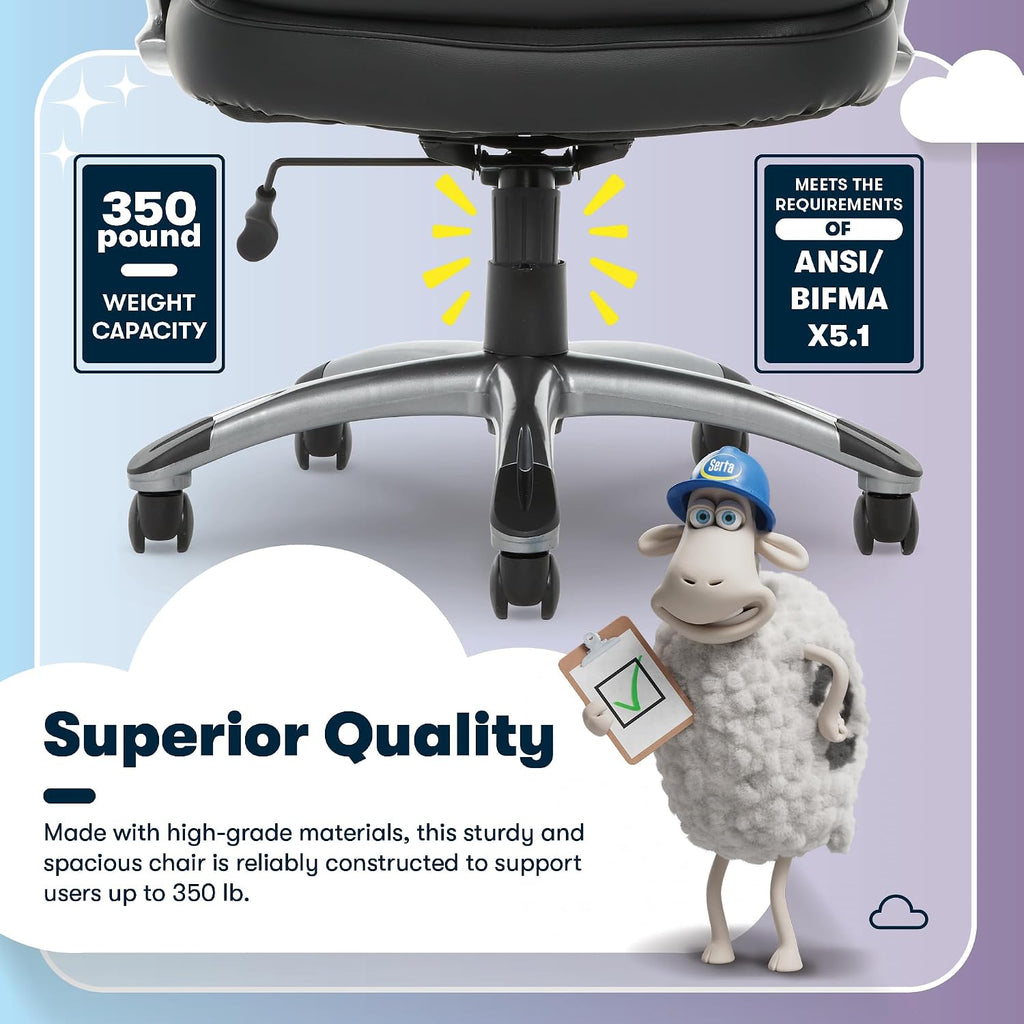 Serta Fairbanks Big and Tall Executive Office Chair - Ergonomic High Back Computer Desk Chair with Lumbar Support, Memory Foam Seat Cushion, Padded Armrests, Bonded Leather, 350 lb Capacity - Black