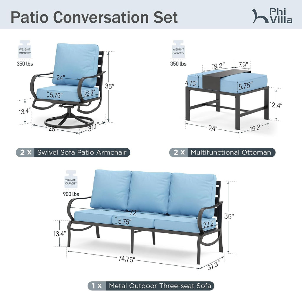 PHI VILLA 5 PCS Patio Furniture Set,Metal Deluxe Patio Set with 1 x 3 Seater Deep Seating Bench, 2 x Swivel Sofa Chairs & 2 x Metal Cushioned Ottoman, Outdoor Patio Set for Garden, Light Blue