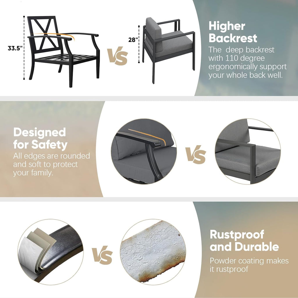 JOYURE 4 Pieces Patio Furniture Set w/loveseat,Coffe Table,Outdoor Conversation Metal Sofa with High Back and Thick Cushion,for Backyard,Garden,Grey