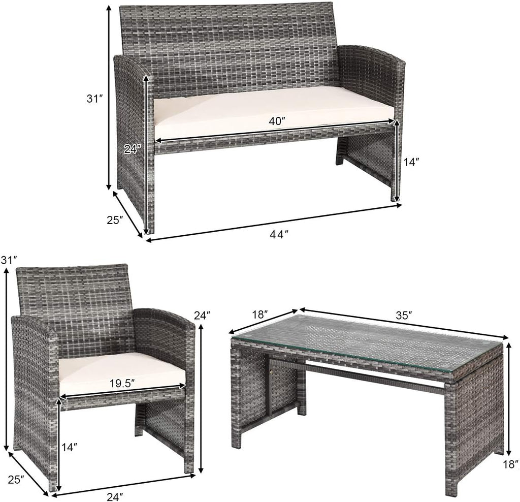 Goplus Rattan Patio Furniture Set 4 Pieces, Outdoor Wicker Conversation Sofa and Table Set with Soft Cushions & Tempered Glass Coffee Table for Balcony Garden Backyard (Beige(Mixed Color Wicker))