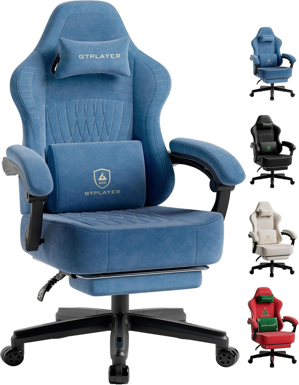 GTPLAYER Gaming Chair for Adults, Ergonomic Video Game Chairs, Footrest & Linkage Armrest, Reclining High Back Silla Gamer with Wider Seat for Home Office, Ace Pro, Blue(Velvet)