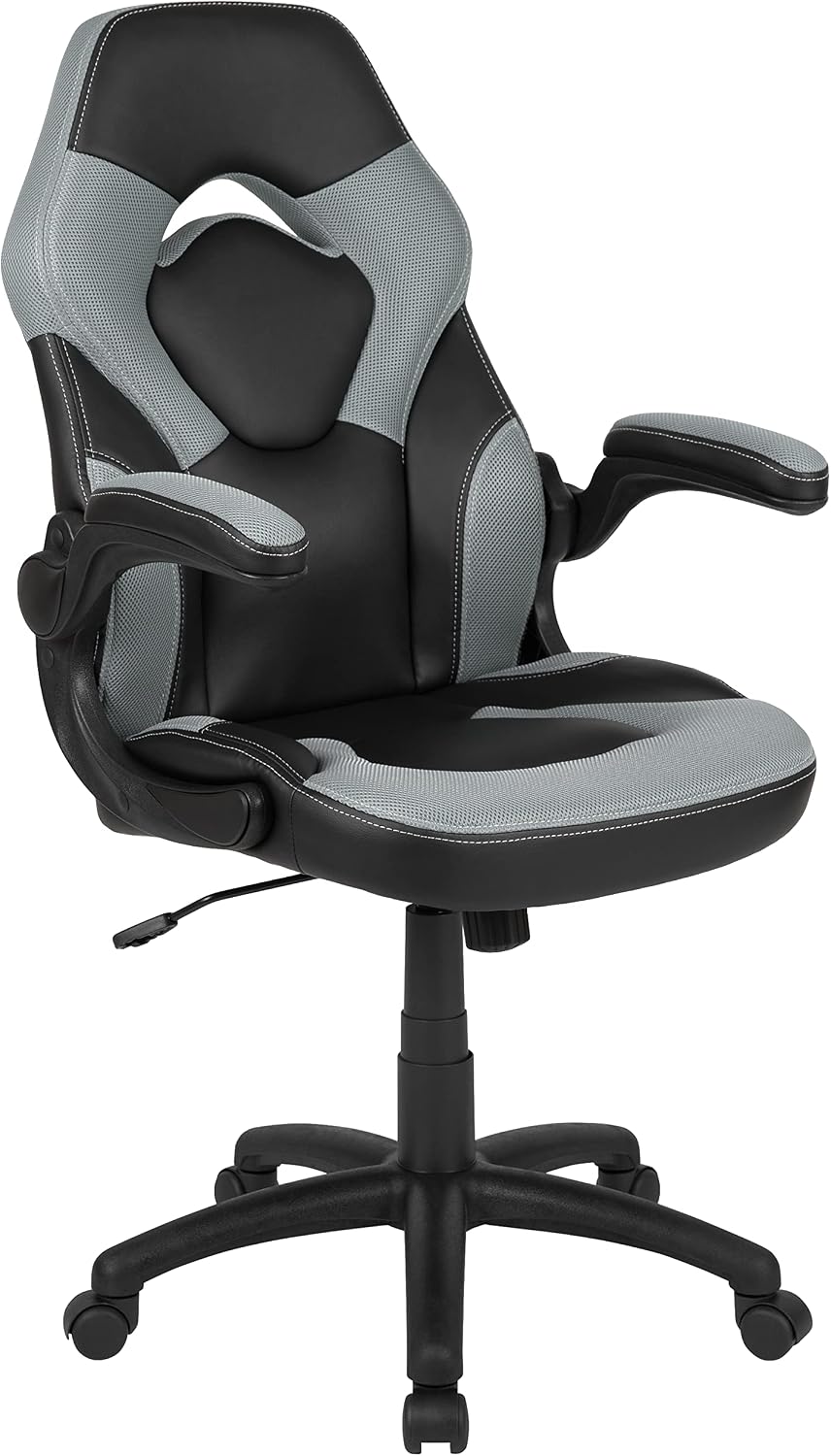 Flash Furniture X10 High-Back LeatherSoft Racing Style Gaming Chair with Flip-Up Arms, Ergonomic Padded Swivel Computer Chair, Gray/Black