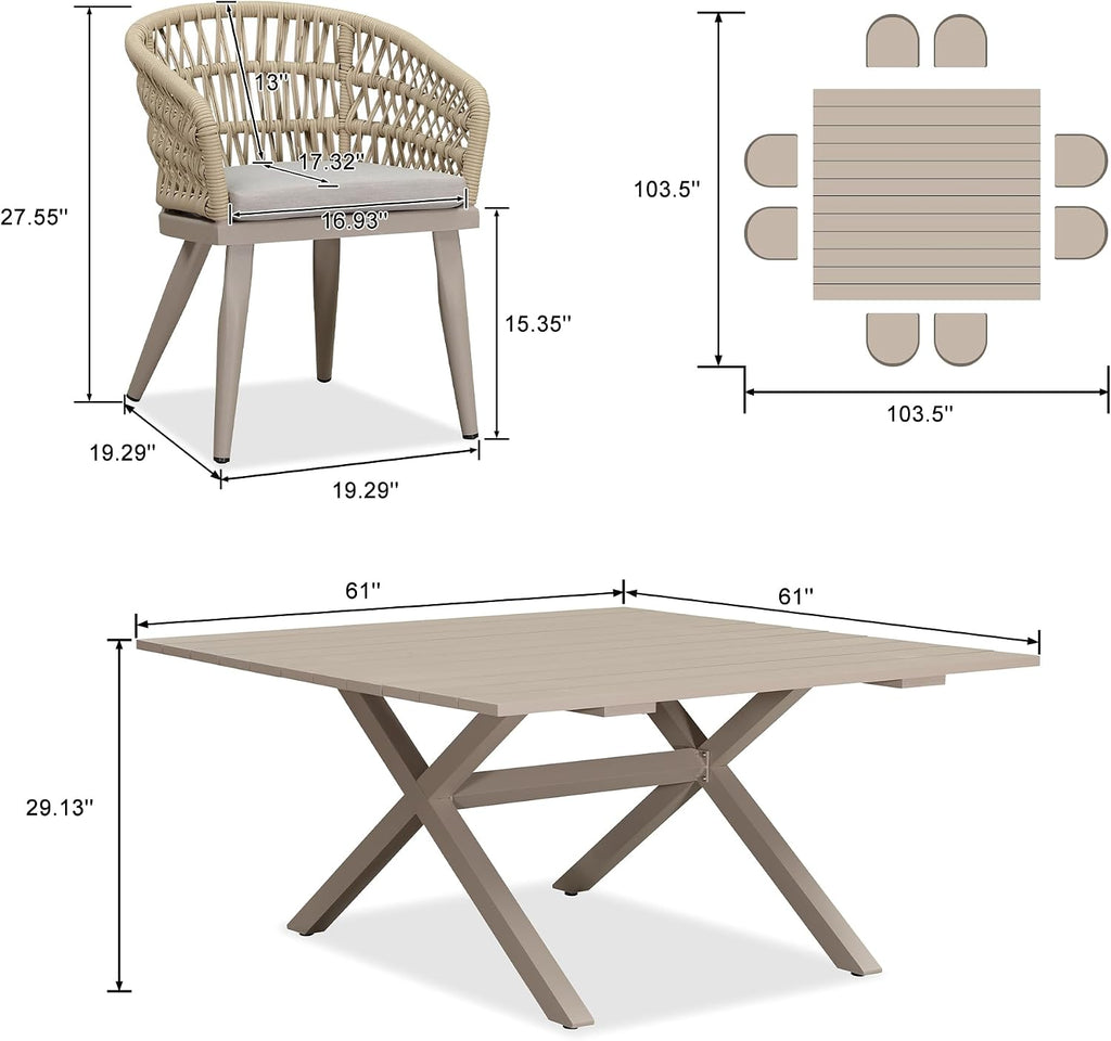 PURPLE LEAF 9 Pieces Outdoor Dining Set All-Weather PE Rattan Outdoor Patio Furniture Set with All Aluminum Frame Square Table and Chairs Set for Lawn Garden Backyard Deck, Champagne