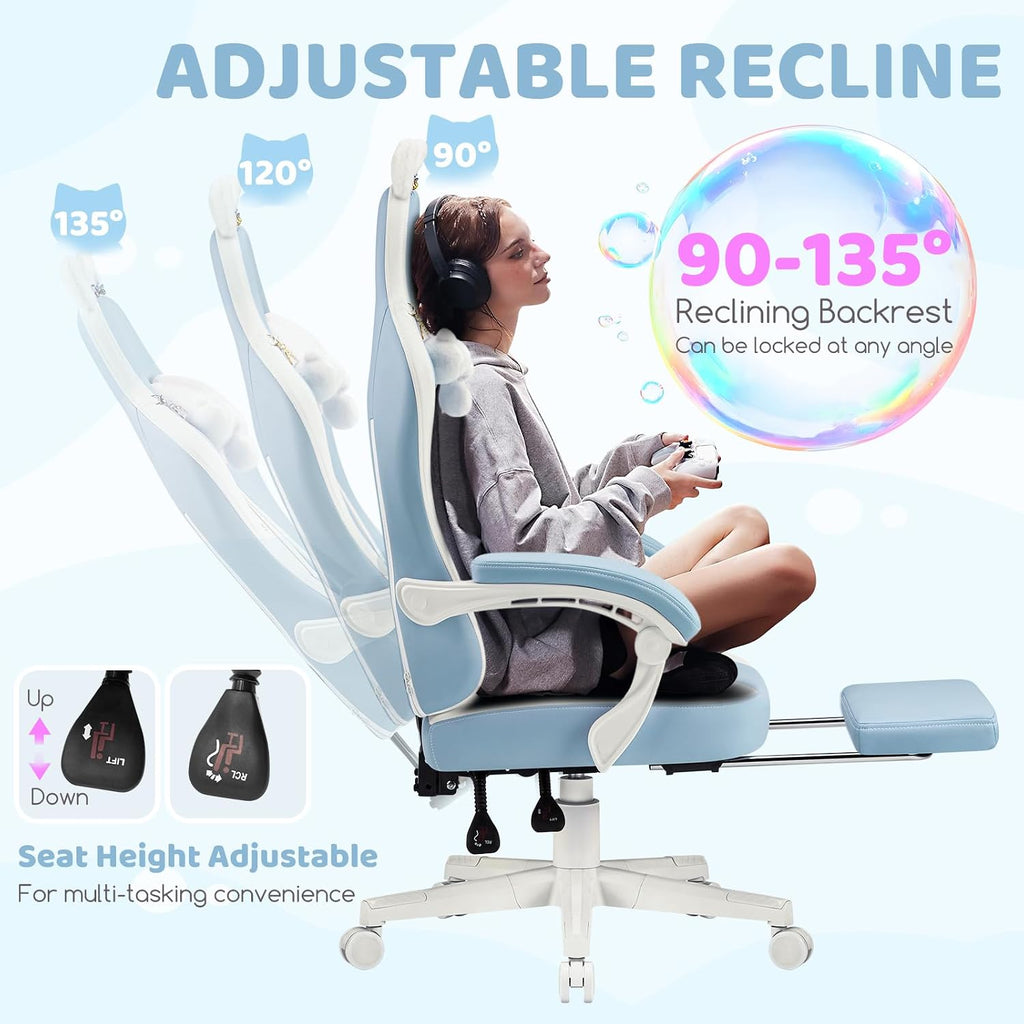 Gaming Chairs, Comfy Video Game Chair for Adults with Cat Ears Pocket Spring Cushion Massage Lumbar Support & Headrest, Ringing Accessories Cute Leather Ergonomic Computer Chair for Girls, Blue/White
