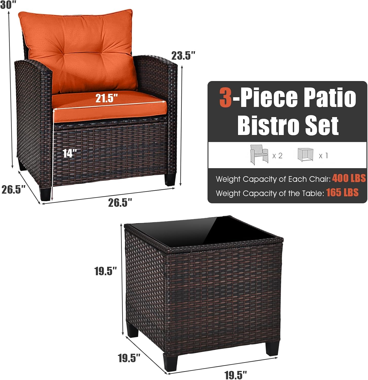 COSTWAY 3PCS Patio Furniture Set, PE Rattan Wicker Sofa w/Washable Cushion and Coffee Table, Tempered Glass Tabletop, Outdoor Conversation Set for Balcony, Porch, Yard, Backyard, Lawn (Orange)