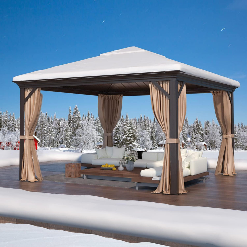MELLCOM 12' x 12' Hardtop Gazebo, Galvanized Steel Double Roof Outdoor Gazebos, Aluminum Frame Metal Gazebo with Netting and Curtains for Patio, Lawn & Garden