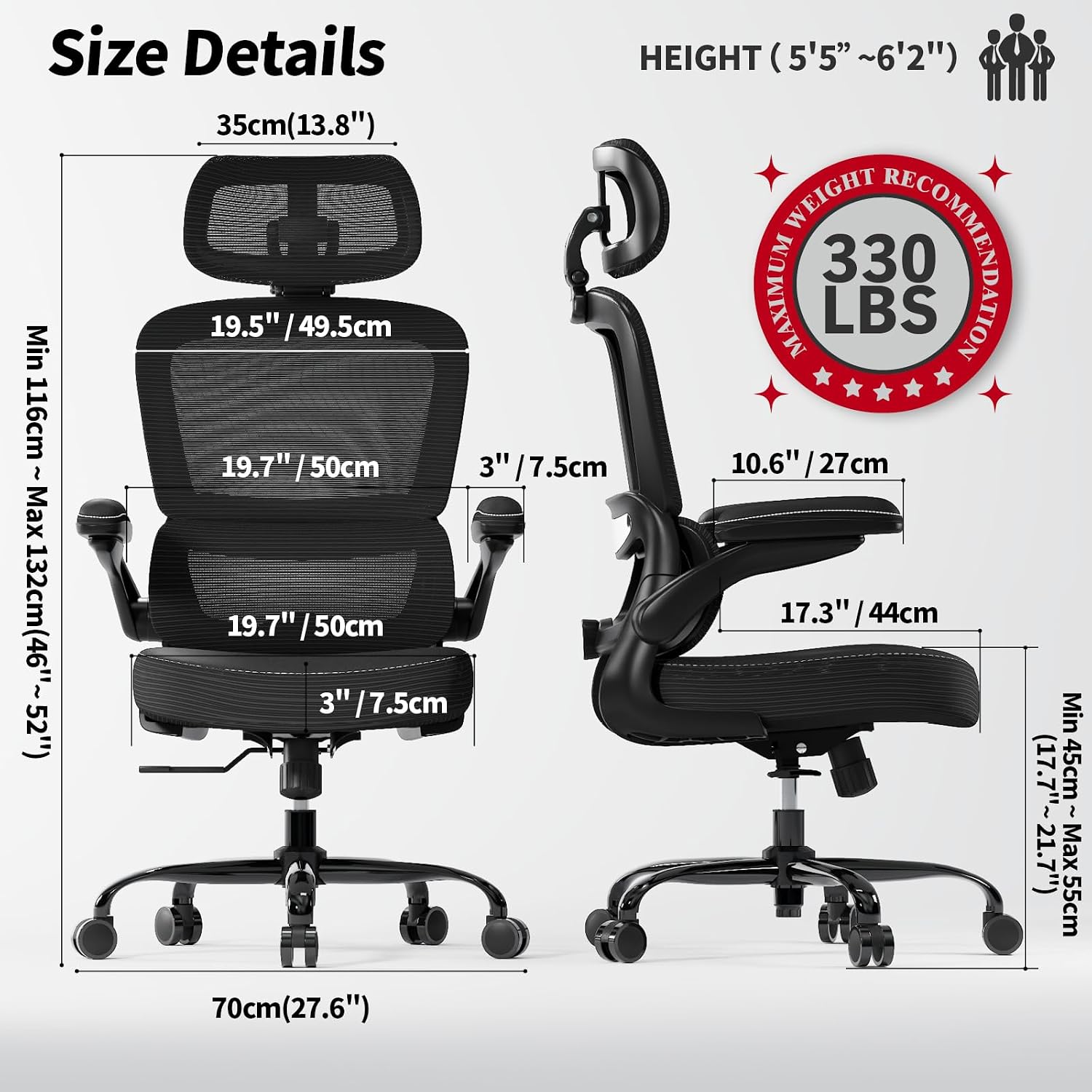 TRALT Ergonomic Office Chair - Desk Chair with Adjustable Headrest Lumbar Support Computer Chair - Mesh Comfy Chair with Flip-up Armrests - Gaming Chair for Adults Home Office PU, Black, Pack of 3