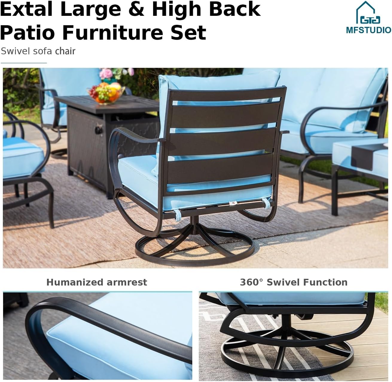 MFSTUDIO 4 Pieces Patio Conversation Sets, All Weather Metal Frame Outdoor Furniture Set Patio Sofas with 1 x 45 Rectangular Propane Fire Table, 1 x 3-Seat Sofa, 2 x Swivel Chairs, Blue Cushion