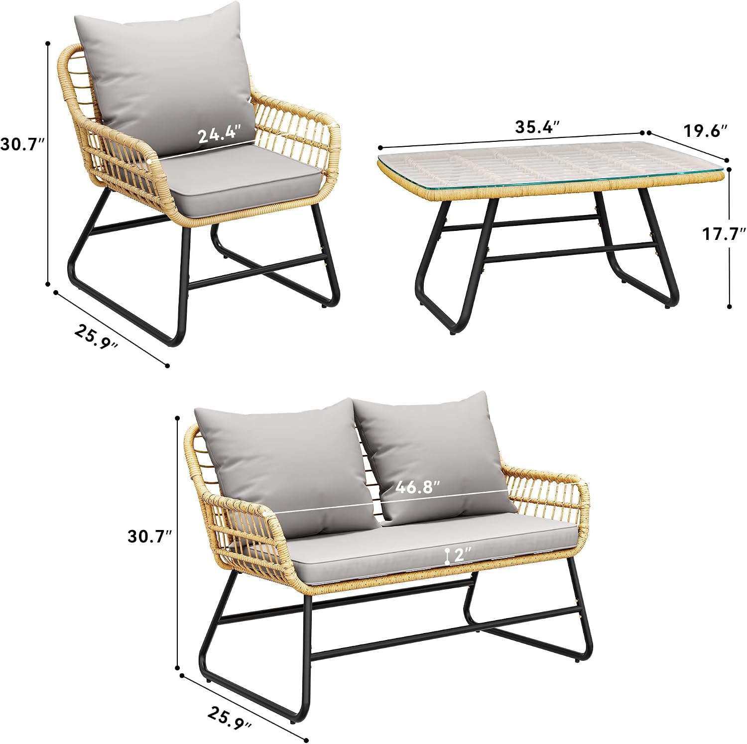 YITAHOME 4-Piece Patio Furniture Set, Wicker Outdoor Bistro Set, All Weather Rattan Patio Conversation Set with Soft Cushions and Glass Side Table for Backyard, Balcony, Deck - Light Grey