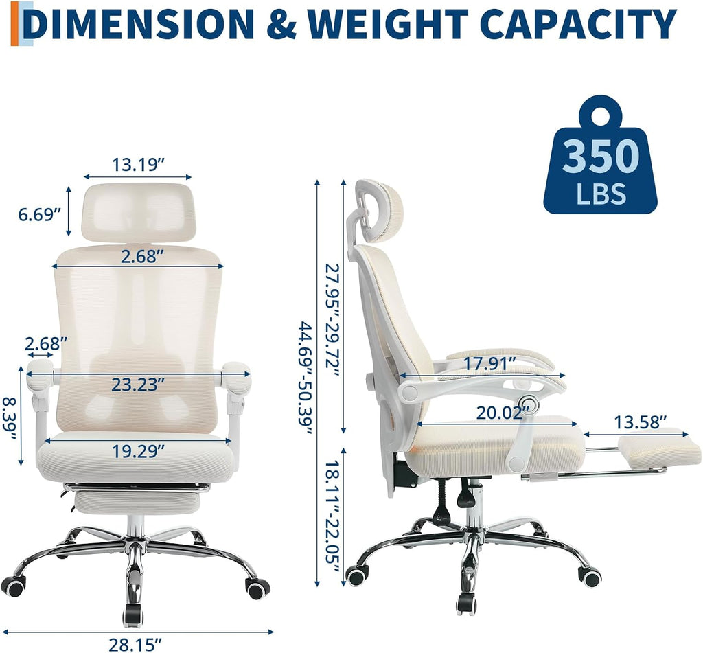 GarveeHome High Back Ergonomic Office Chair with Mesh Back, Retractable Footrest, Adjustable Headrest & Lumbar Support – Wide Computer Desk Chair with Wheels for Home Office or Bedroom, Beige