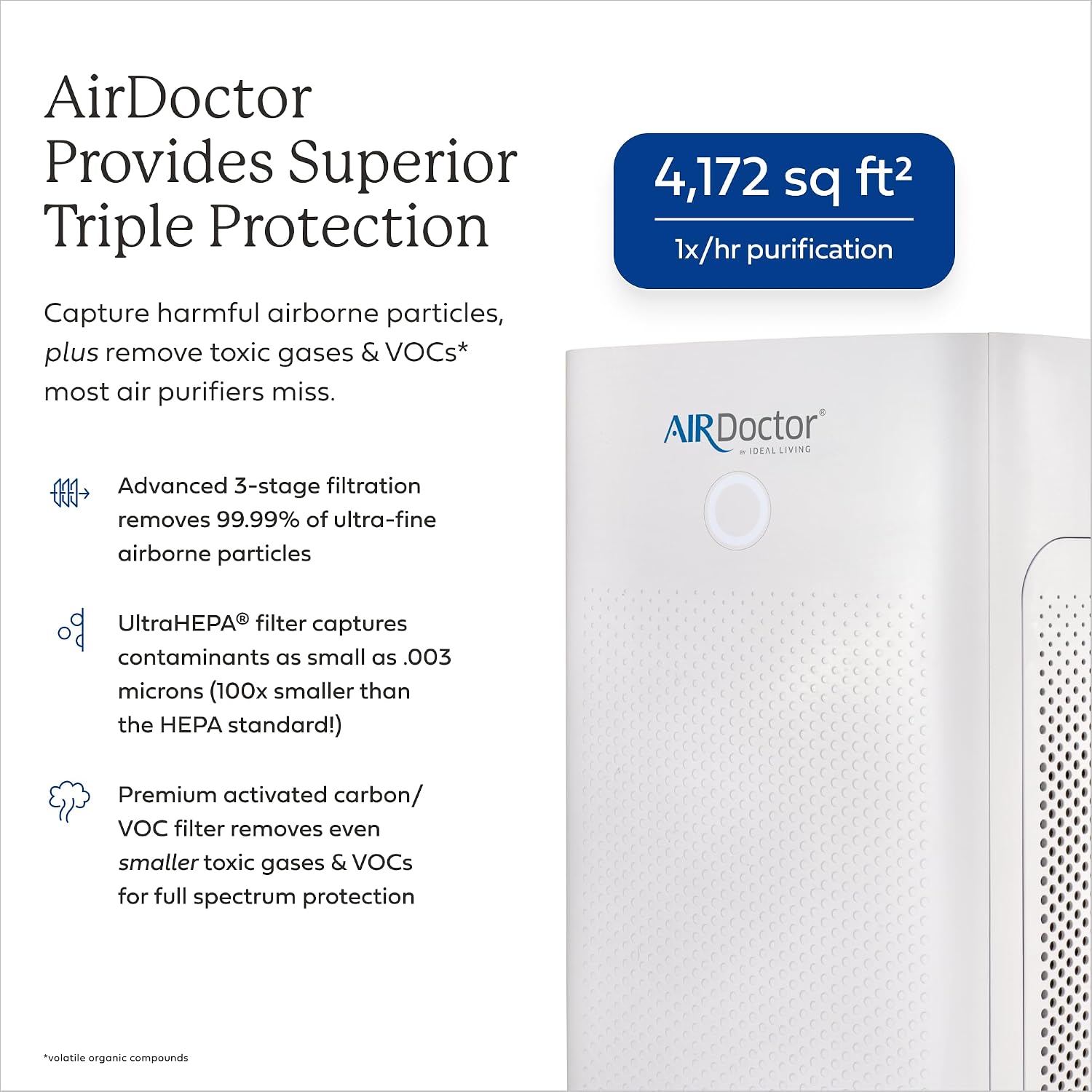 AIRDOCTOR AD5500 Smart App Air Purifier. Cleans Whole Home, XL Rooms Up to 4172 ft2. Removes Allergens, Smoke, Dust, Mold, Pet Hair, Odors, Pollen. Hospital-Grade UltraHEPA, Premium Carbon Filtration