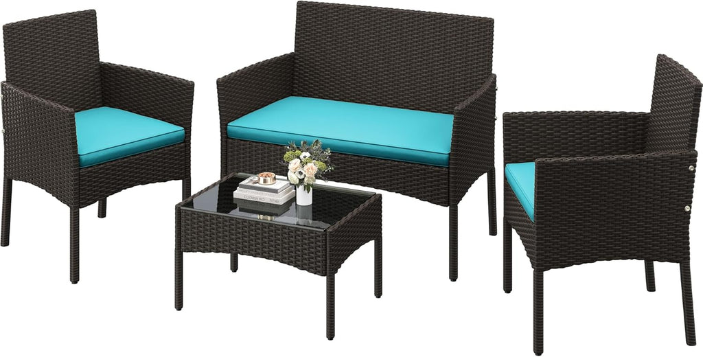 Yaheetech Patio Furniture Set 4 Pieces Conversation Sets, Rattan Chair Wicker Set Loveseat with Soft Cushion and Glass Table for Backyard Porch Garden Poolside Balcony, Brown and Cyan