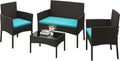 Yaheetech Patio Furniture Set 4 Pieces Conversation Sets, Rattan Chair Wicker Set Loveseat with Soft Cushion and Glass Table for Backyard Porch Garden Poolside Balcony, Brown and Cyan