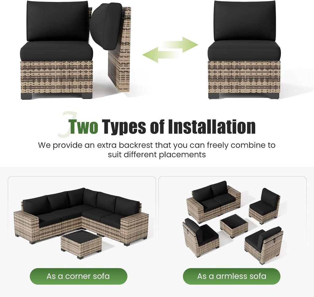 Amopatio 6 Piece Patio Furniture Set with 8' Armrest & 4' Thiken Cushion, Outdoor Wicker Rattan Sectional Sofa Conversation Set for Backyard, Garden, Poolside(Black Cushion)