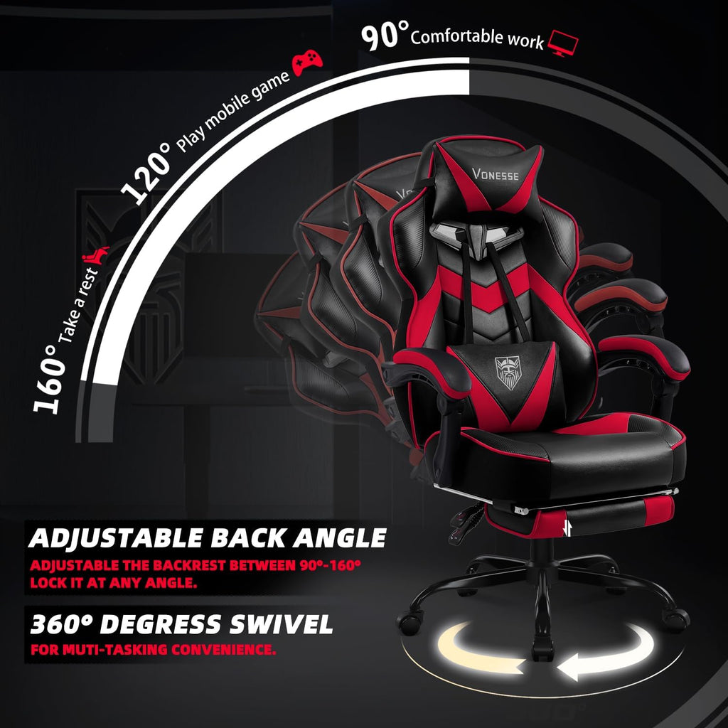 Vonesse Gaming Chair, High Back Gaming Chair with Footrest and Massage, Gaming Chairs for Adults with Pocket Spring Cushion, Big and Tall Reclining Computer Chair with Lumbar Support (Red/Black)