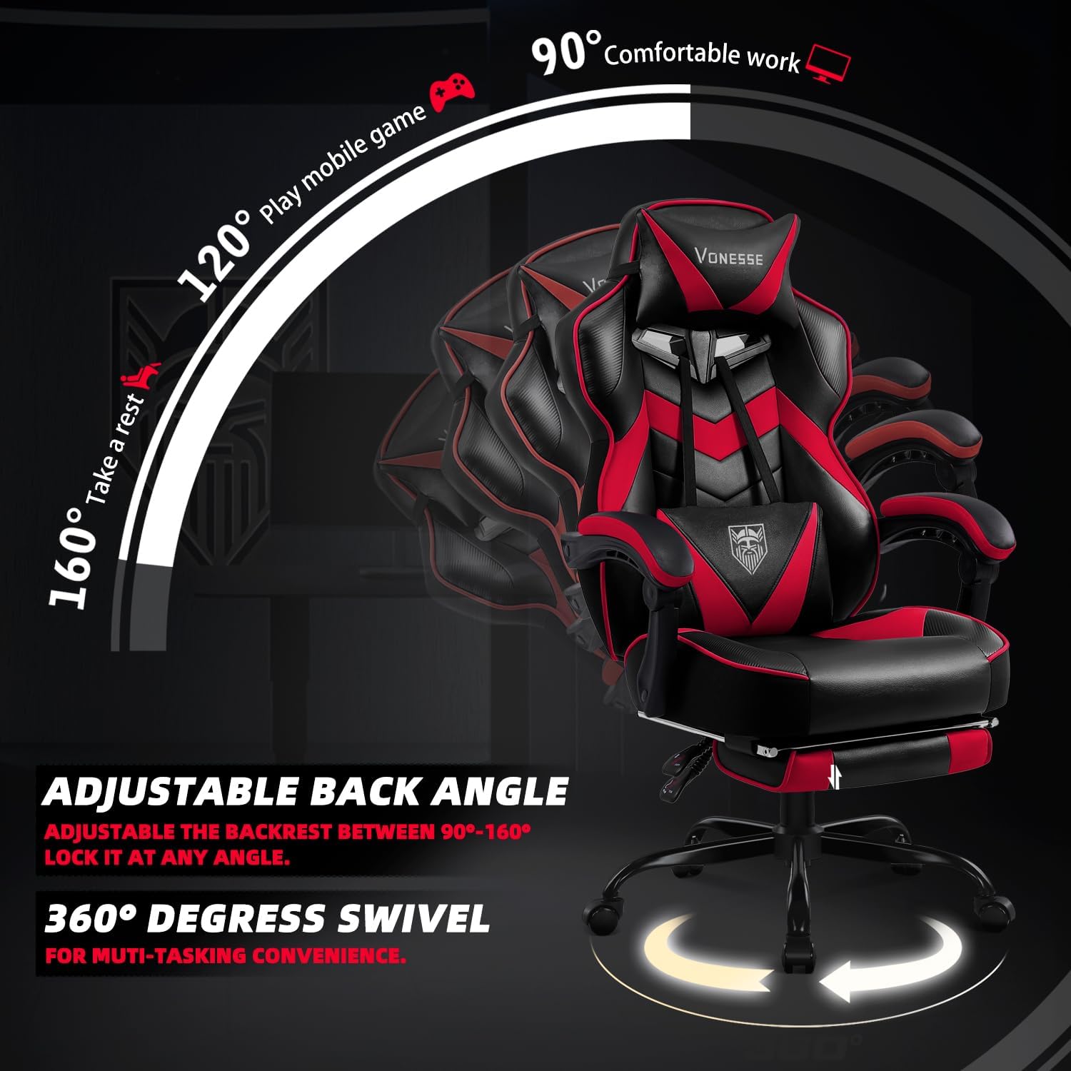 Vonesse Gaming Chair, High Back Gaming Chair with Footrest and Massage, Gaming Chairs for Adults with Pocket Spring Cushion, Big and Tall Reclining Computer Chair with Lumbar Support (Red/Black)