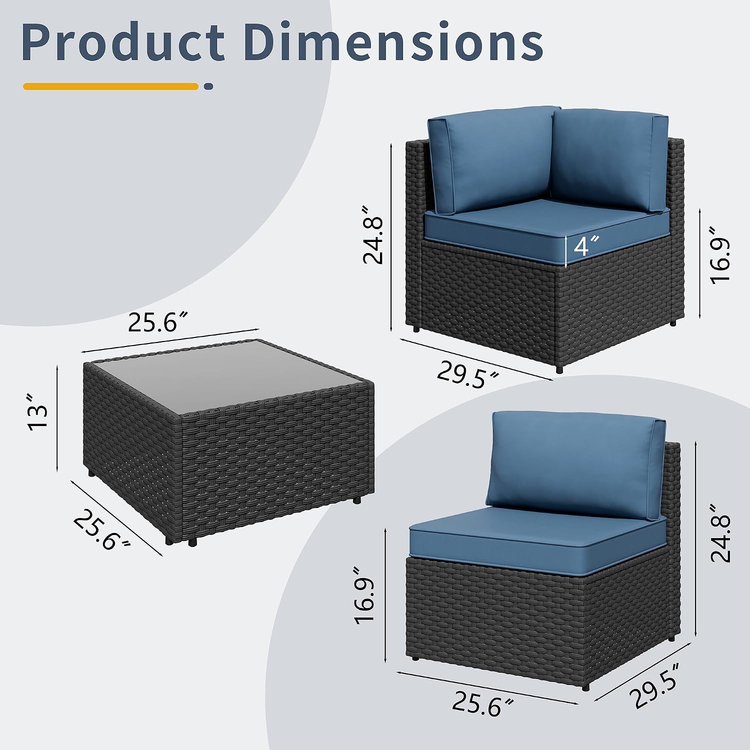 SUNLEI 5pcs Patio Furniture Sets Conversation Set, Low Back All-Weather Rattan Sectional Sofa with Tea Table&Washable Couch Cushions, Outdoor Furniture Set