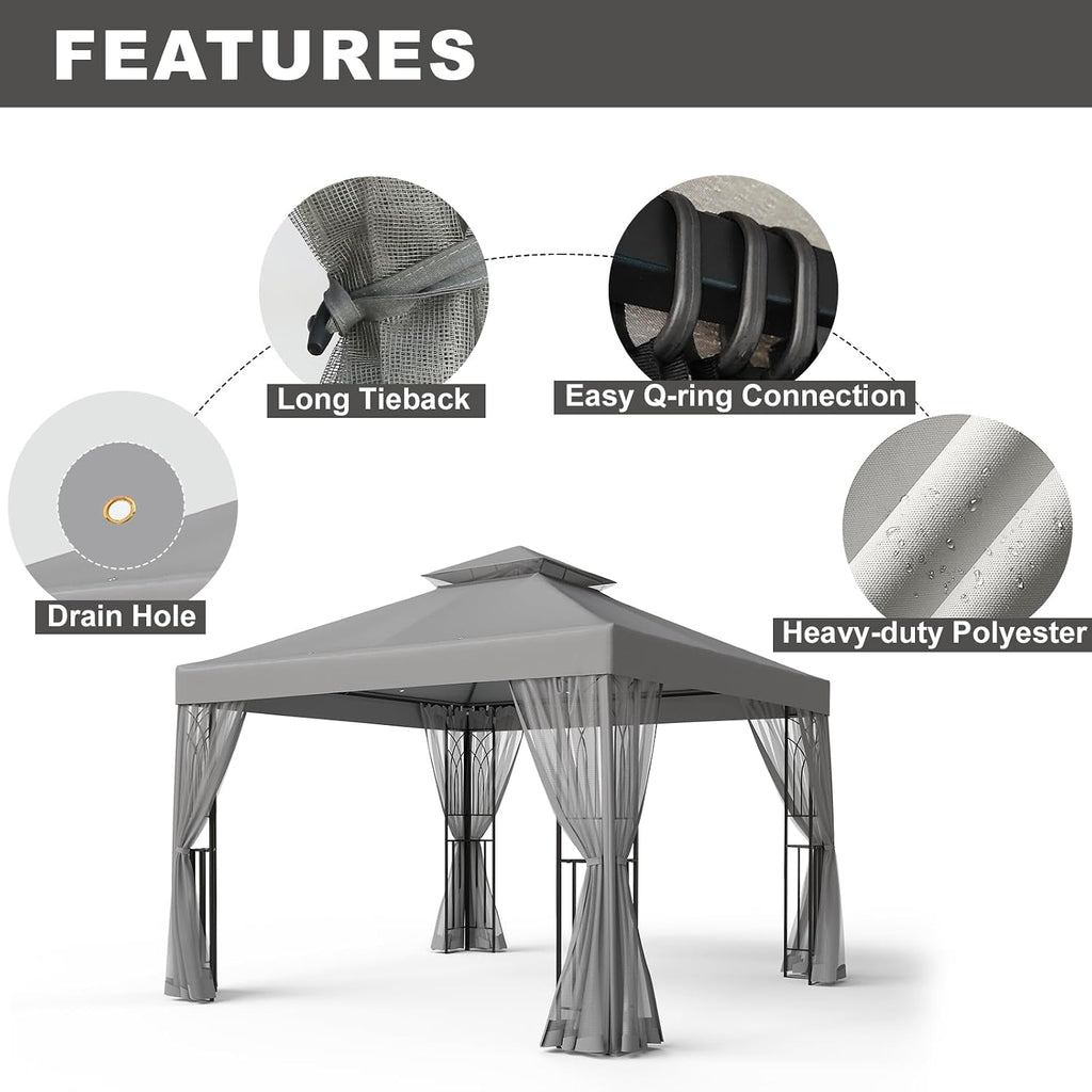 10x10 Outdoor Gazebo Tent with Netting and Corner Shelves, Double Roof Patio Gazebo with Soft Fabric Top, Outdoor Pavilion for Backyard Patio Garden Lawn, Gray