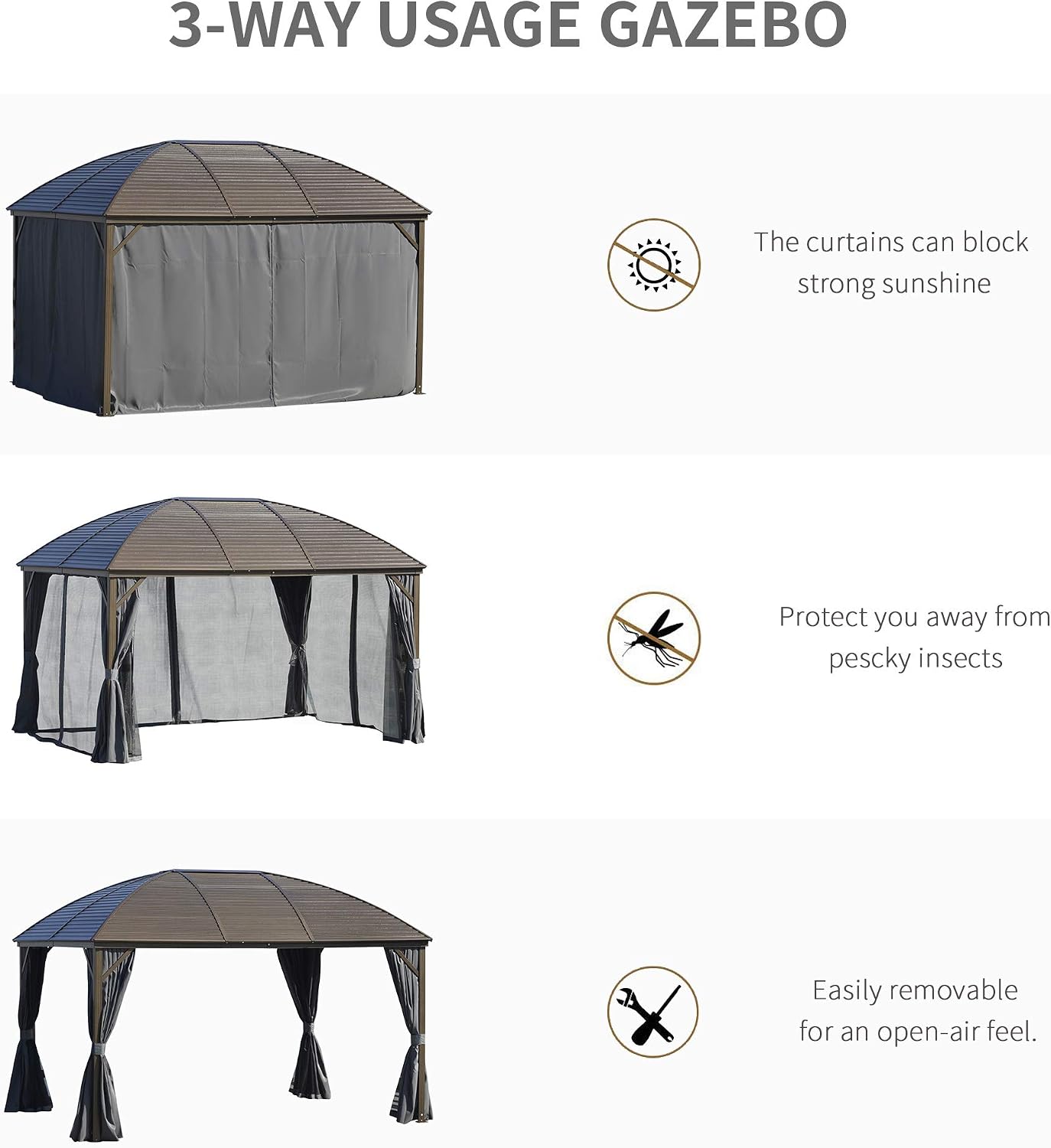 Outsunny 10' x 13' Hardtop Gazebo Canopy with Galvanized Steel Roof, Aluminum Outdoor Pavilion Gazebo with Top Hook, Netting, and Curtains for Patio, Garden, Backyard, Deck, Dark Gray