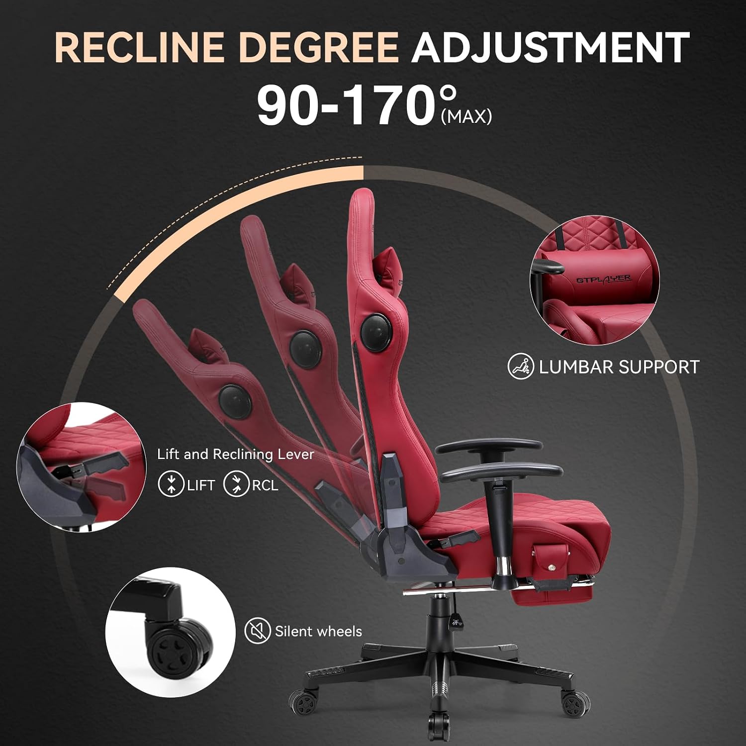 GTPLAYER Gaming Chair, Computer Chair with Bluetooth Speakers, High Back Ergonomic Office Chair Desk Chair with Lumbar Support, Height Adjustable Game Chair with Footrest 330LBS, WineRed