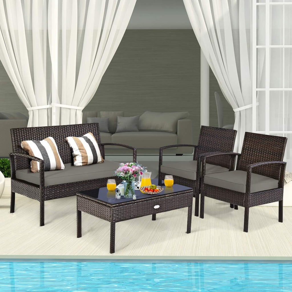 Tangkula 4-PCS Wicker Patio Conversation Furniture Set, Outdoor Rattan Chair and Table Set, Patio Furniture Sets with Coffee Table & Washable Cushions for Courtyard Balcony Garden (1, Brown)