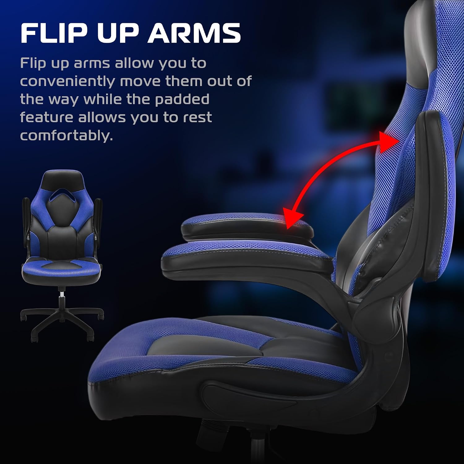 RESPAWN 3085 Ergonomic Gaming Chair for Adults, High Back Office Chair with Headrest and Flip Up Arms, Leather Racing Style Gaming Seat with Lumbar Support, Video Game Computer Desk Seat - Blue