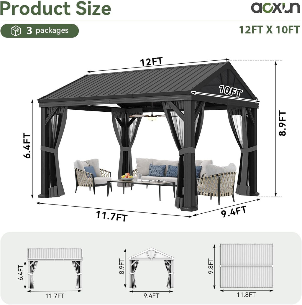 Aoxun 10' X 12' Hardtop Gazebo, Aluminum Outdoor Gazebo with Galvanized Steel Gable Roof Canopy, Patio Permanent Metal Pavilion with Netting, for Garden, Backyard, Deck, Square Foundation