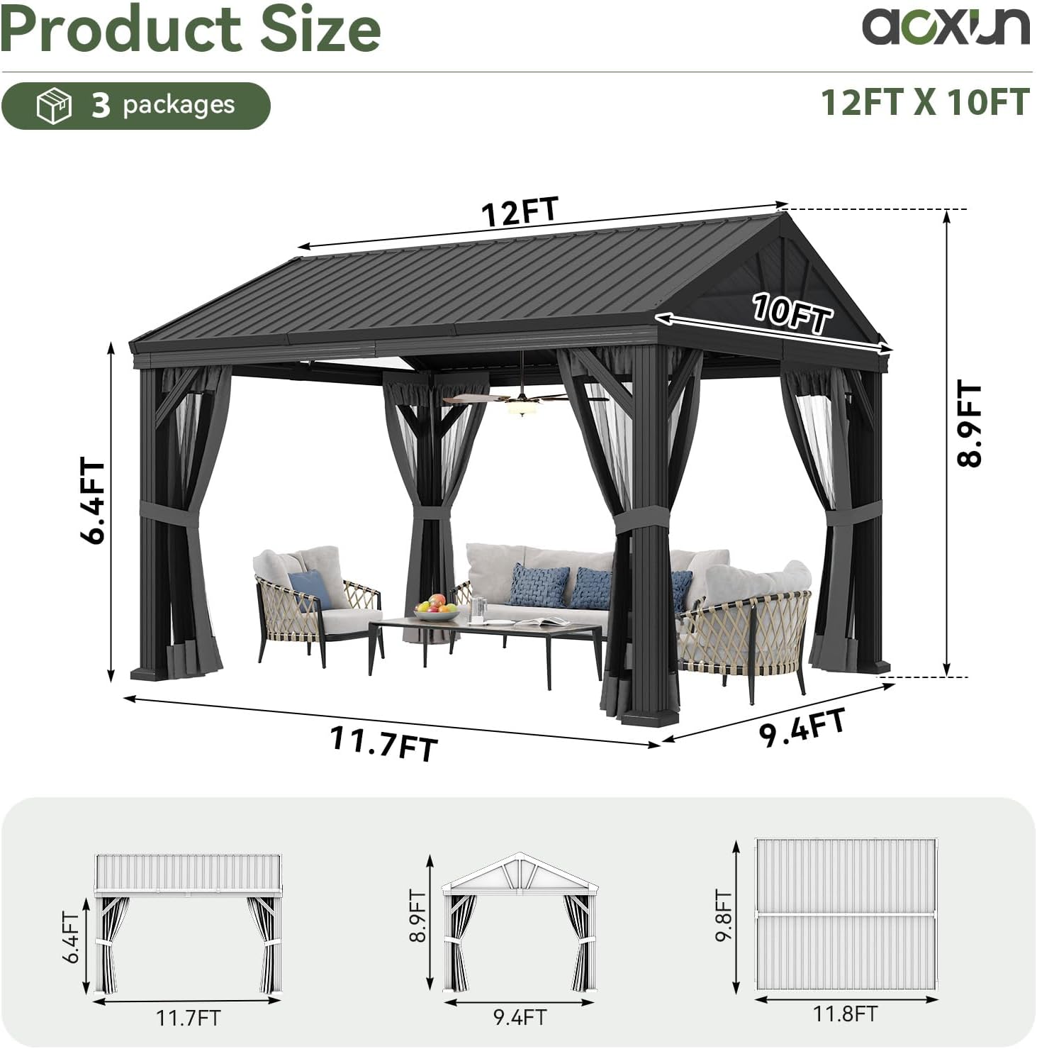 Aoxun 10' X 12' Hardtop Gazebo, Aluminum Outdoor Gazebo with Galvanized Steel Gable Roof Canopy, Patio Permanent Metal Pavilion with Netting, for Garden, Backyard, Deck, Square Foundation