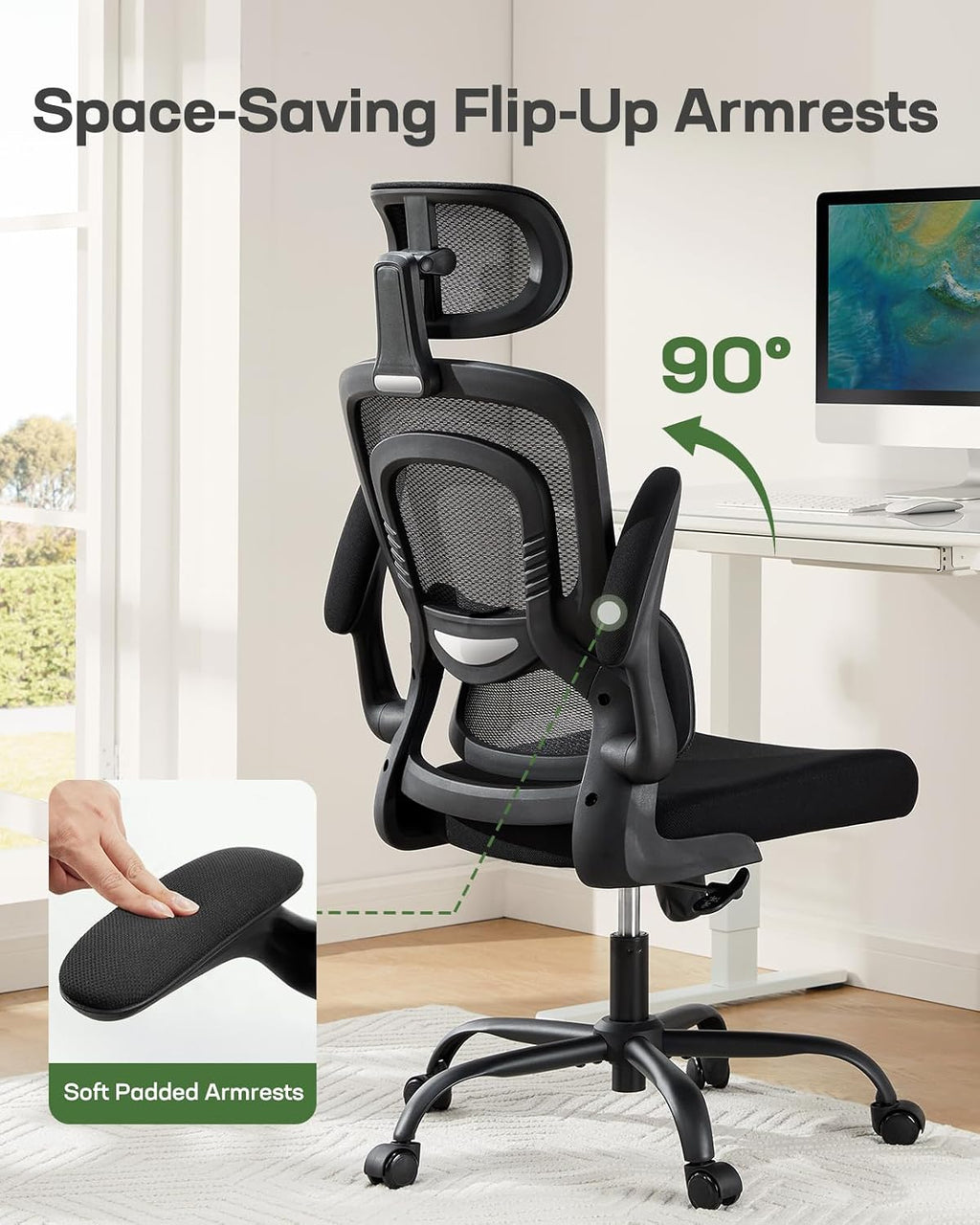 Marsail Office Chair Ergonomic-Desk Chair: High Back Mesh Office Chair with Lumbar Support,Flip-Up Armrests&2D Headrest,Gaming Chair with Rocking Tilt, Swivel Computer Task Chair for Long Hours