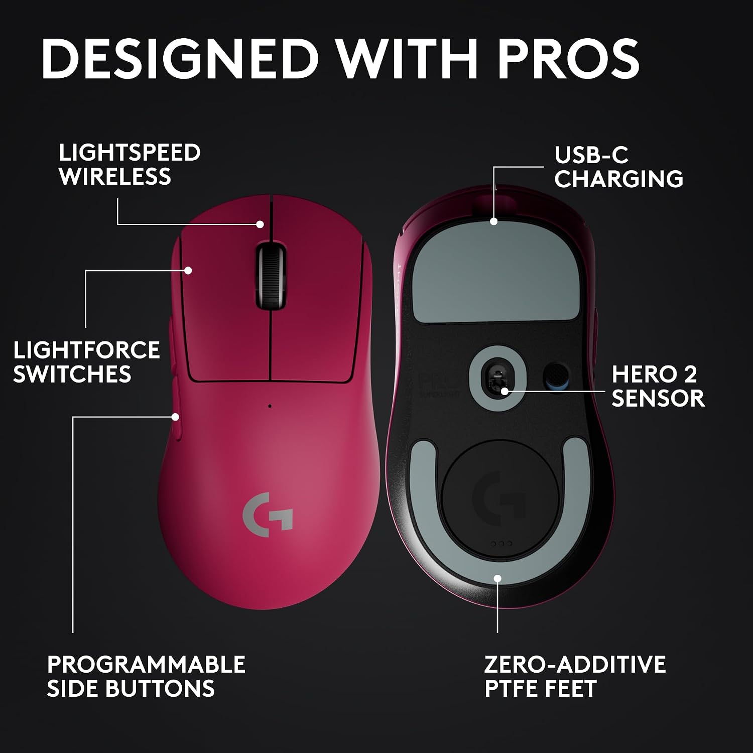 Logitech G PRO X Superlight 2 DEX Wireless Gaming Mouse, 60g pro-Grade Right-Handed Mouse with 5 programmable Buttons, USB-C Charging, 44k DPI Sensor, up to 8 kHz Polling for PC/Mac - Magenta
