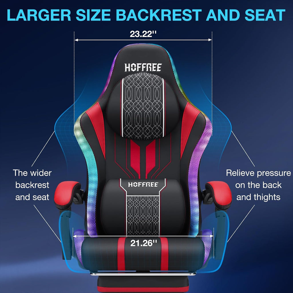 HOFFREE LED Gaming Chair with Bluetooth Speakers Massage Gaming Chair with RGB Lights Big and Tall Game Chairs for 400lbs Heavy People High Back Computer Desk Chair with Footrest Red and Black