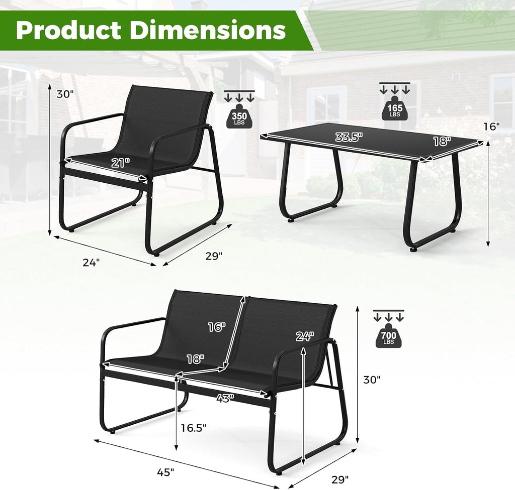 Tangkula 8 Piece Patio Furniture Set, Outdoor Metal Conversation Chair & Coffee Table Set with Mesh Seat Fabric & Tempered Glass Tabletop, Outside Bistro Set for Backyard, Porch, Poolside (Black)