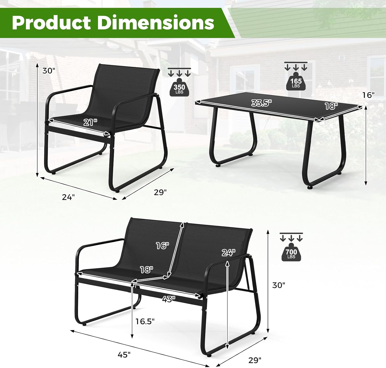 Tangkula 8 Piece Patio Furniture Set, Outdoor Metal Conversation Chair & Coffee Table Set with Mesh Seat Fabric & Tempered Glass Tabletop, Outside Bistro Set for Backyard, Porch, Poolside (Black)