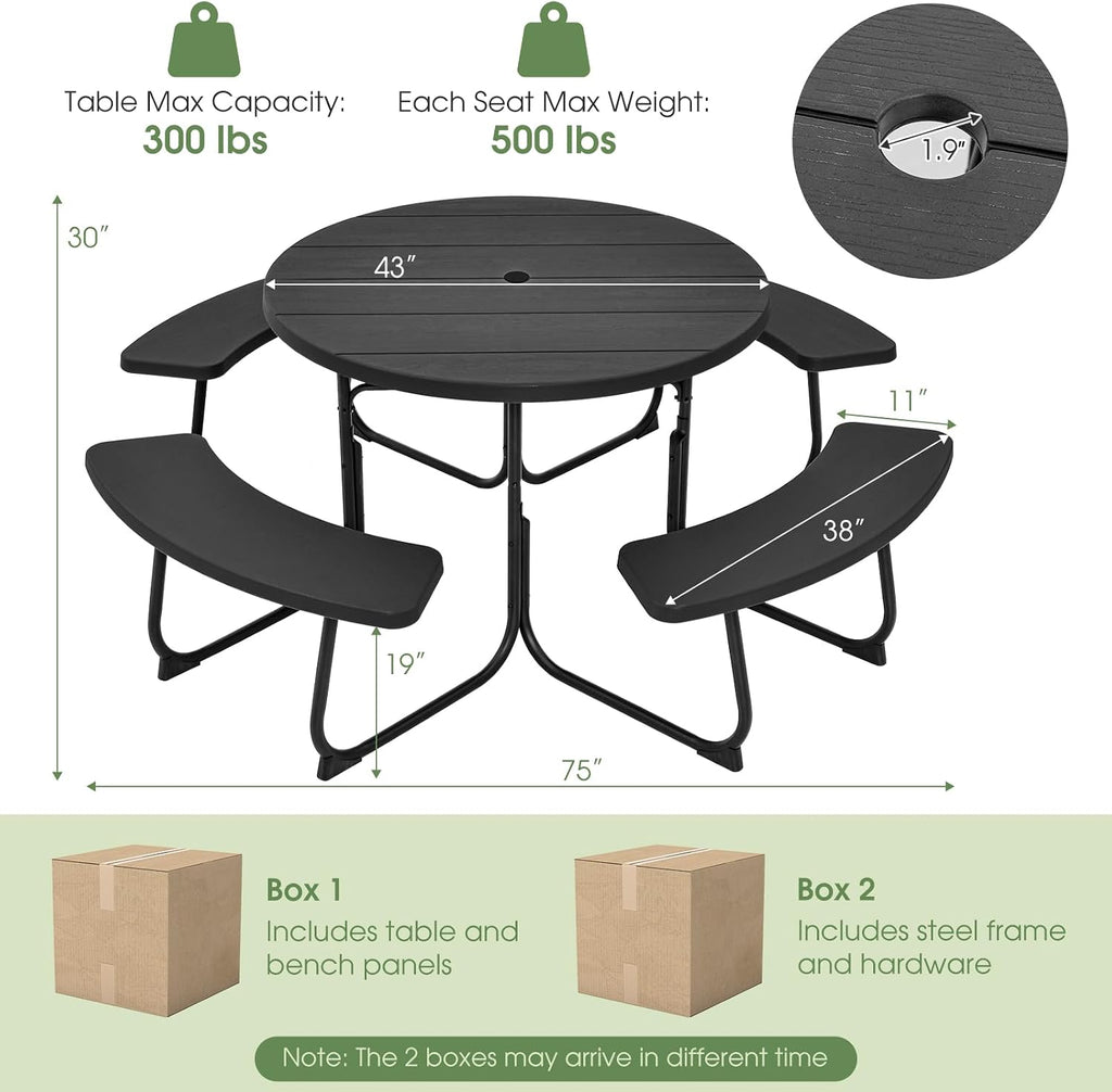 Giantex Picnic Table Set for Up to 8 Persons, Round Outdoor Table and Bench Set with Umbrella Hole, HDPE Top & Metal Frame, 2000LBS Capacity, Patio Table Bench for Deck Backyard Garden (Black)