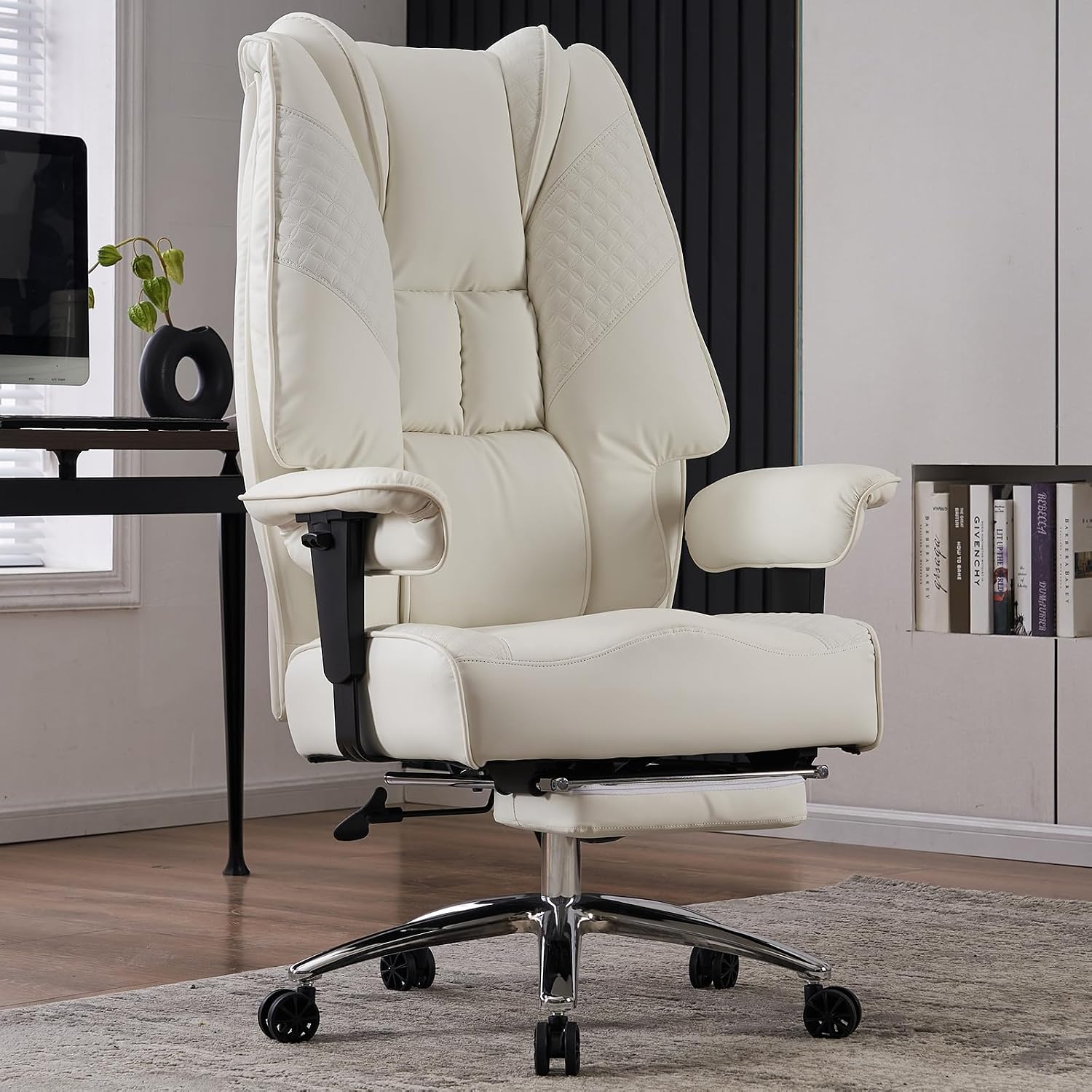 EXCEBET Big and Tall Office Chair 400lbs Wide Seat, Leather High Back Executive Office Chairs with Foot Rest, Ergonomic Lumbar Support for Lower Back Pain Relief (White)