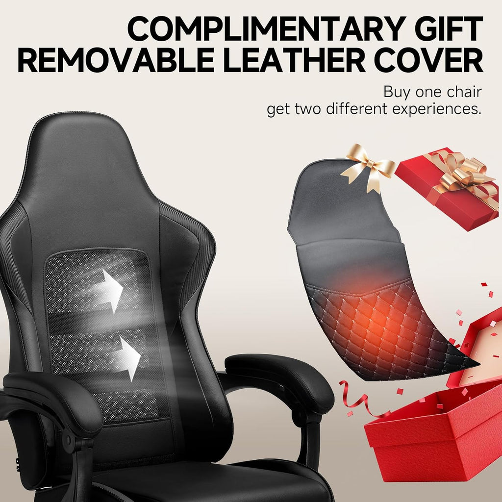 GTPLAYER Gaming Chair, High Back Computer Gaming Chair with Footrest, Ergonomic Height Adjustable Office Chair with Removable Cover and Lumbar Support for Gaming & Work (BLK,with Leather Cover)