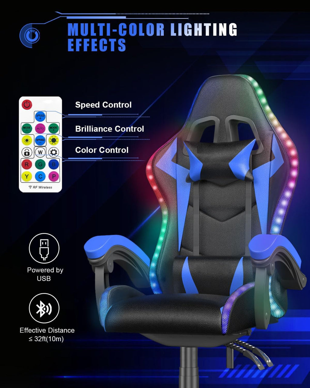 Racingreat Gaming Chair with RGB LED Lights, Ergonomic Computer Chair with Headrest and Lumbar Support, PU Leather High Back Height Adjustable Swivel Video Game Chairs for Adults(Blue)