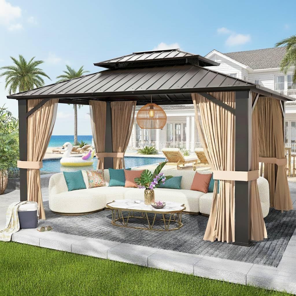 10x12ft Hardtop Gazebo, Metal Pavilion with Mesh Mosquito Netting & Curtains, All-Weather Outdoor Pergola for Garden, Patio, and Backyard（A Set of 2 Boxes）