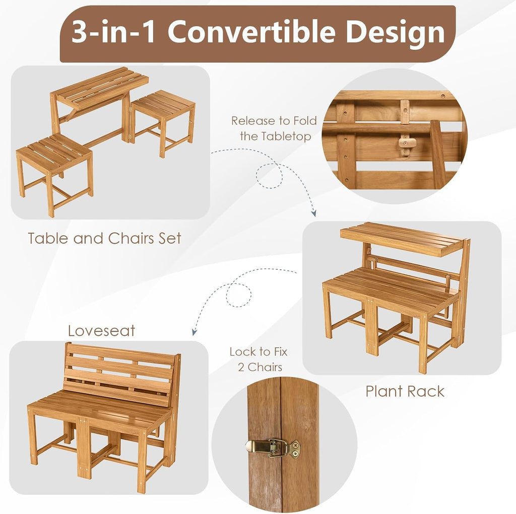 Tangkula 3-in-1 Outdoor Acacia Wood Loveseat Bench Furniture, Patio Table and Chairs Set with Plant Rack Design, for Garden, Porch and Backyard