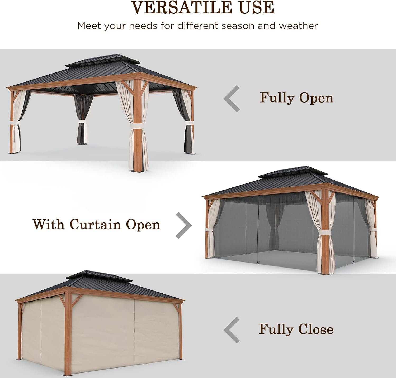 12x16 Hardtop Gazebo with Netting and Curtains, Galvanized Steel Double Roof Outdoor Pavilion with Wood Grain Aluminum Frame, Patio Gazebo for Deck, Garden, Lawn, Woodgrain/Black