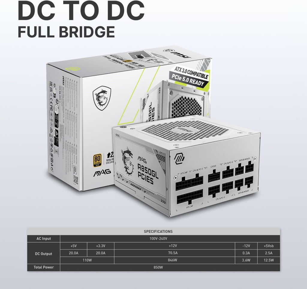 MSI MAG A850GL PCIE5 White, Fully Modular Compact Gaming 850W Power Supply, 80+ Gold, ATX 3.1 & PCIe 5.1 Ready, Native Dual-Color 12V-2x6 Cable, 10 Year Warranty