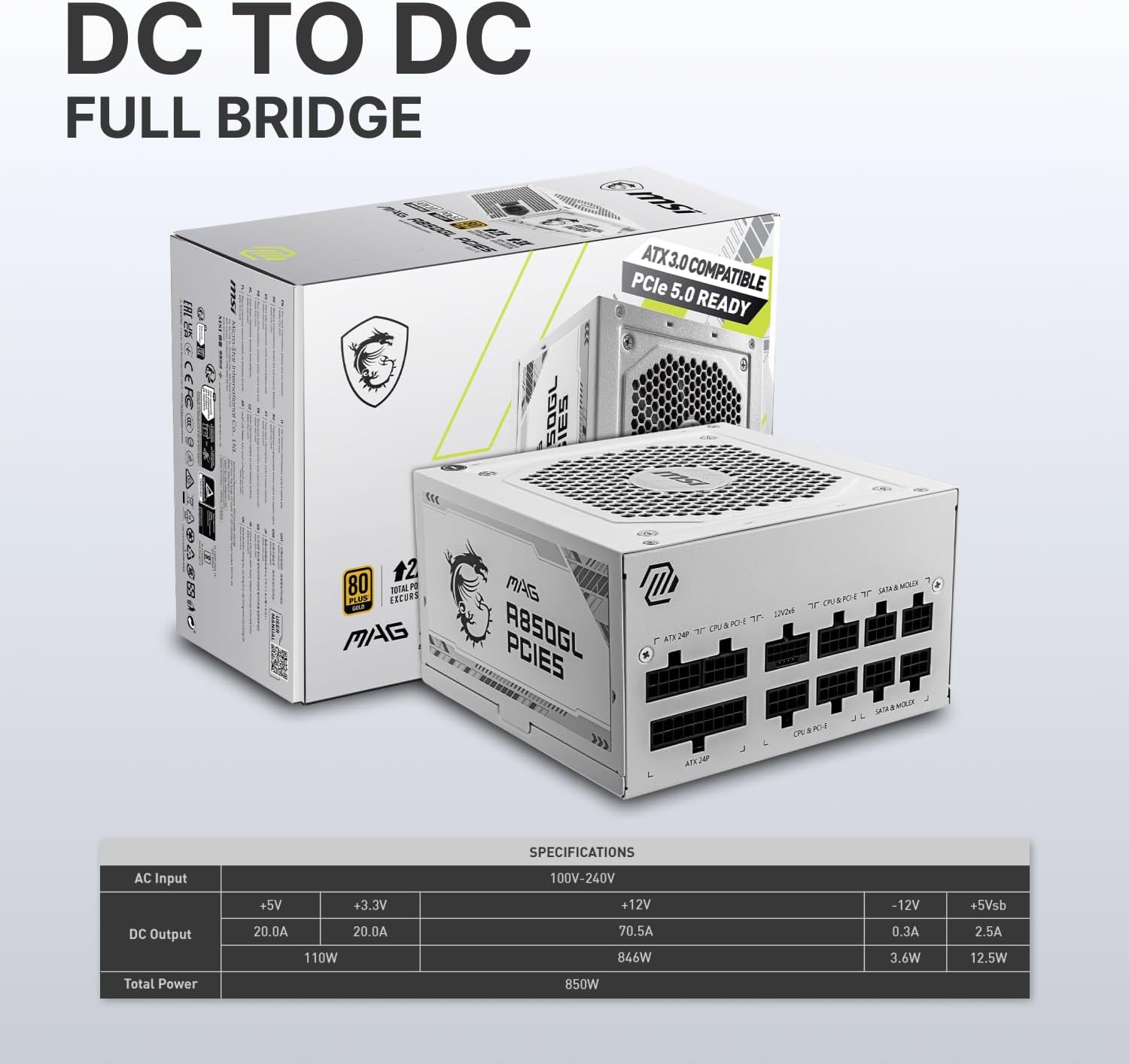 MSI MAG A850GL PCIE5 White, Fully Modular Compact Gaming 850W Power Supply, 80+ Gold, ATX 3.1 & PCIe 5.1 Ready, Native Dual-Color 12V-2x6 Cable, 10 Year Warranty