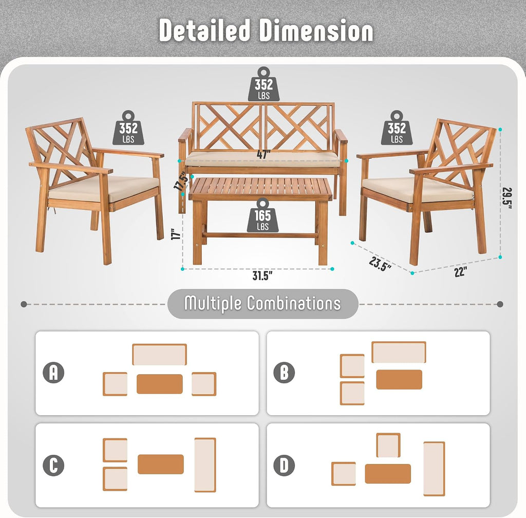 Werph Outdoor Patio Furniture Set, 4 Piece Patio Sofa Bench and 2 Single Sofa Chairs with Table & Padded Cushions, Acacia Wood Outdoor Patio Lounge Conversation Set for Deck Backyard Balcony