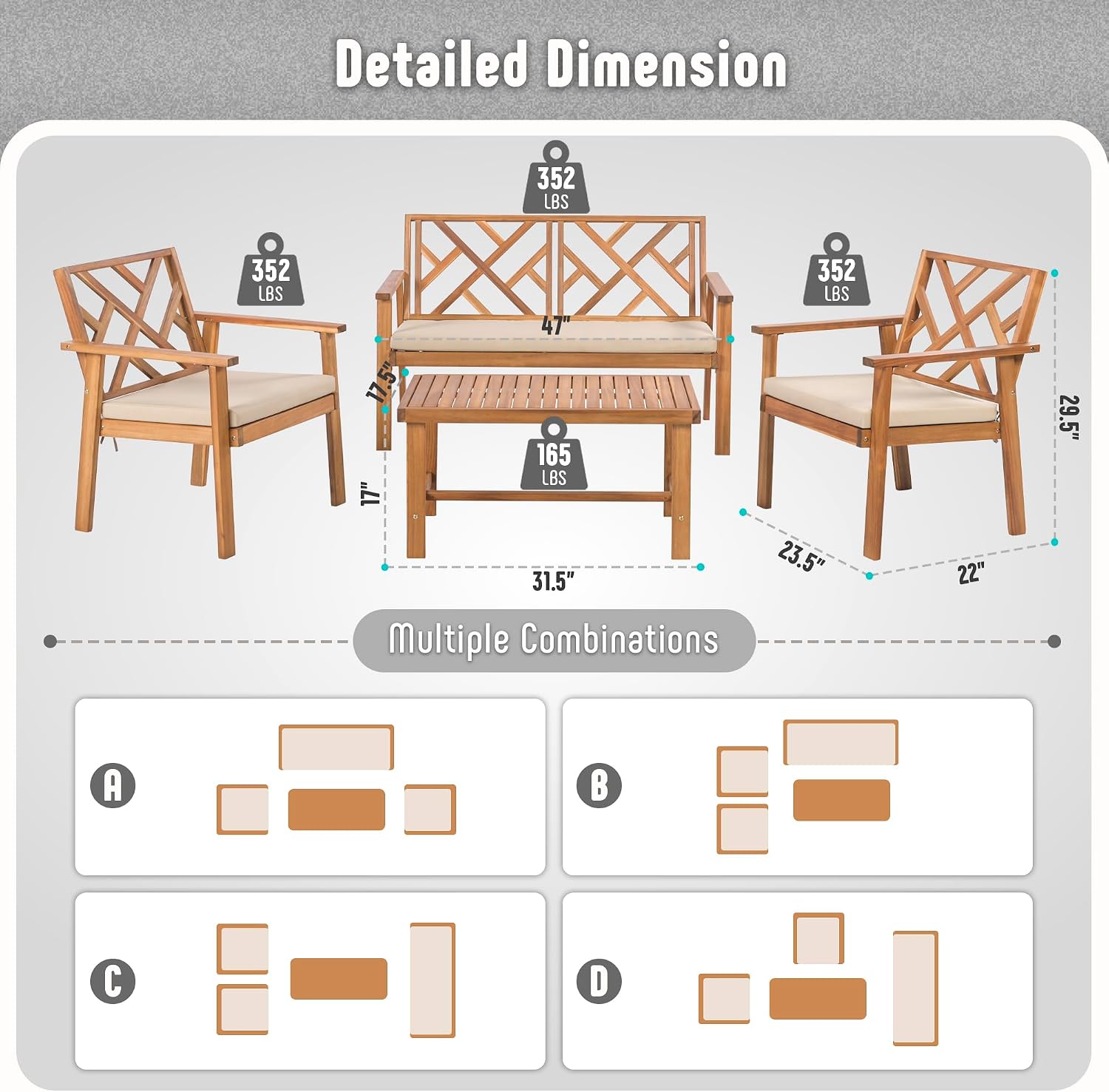 Werph Outdoor Patio Furniture Set, 4 Piece Patio Sofa Bench and 2 Single Sofa Chairs with Table & Padded Cushions, Acacia Wood Outdoor Patio Lounge Conversation Set for Deck Backyard Balcony