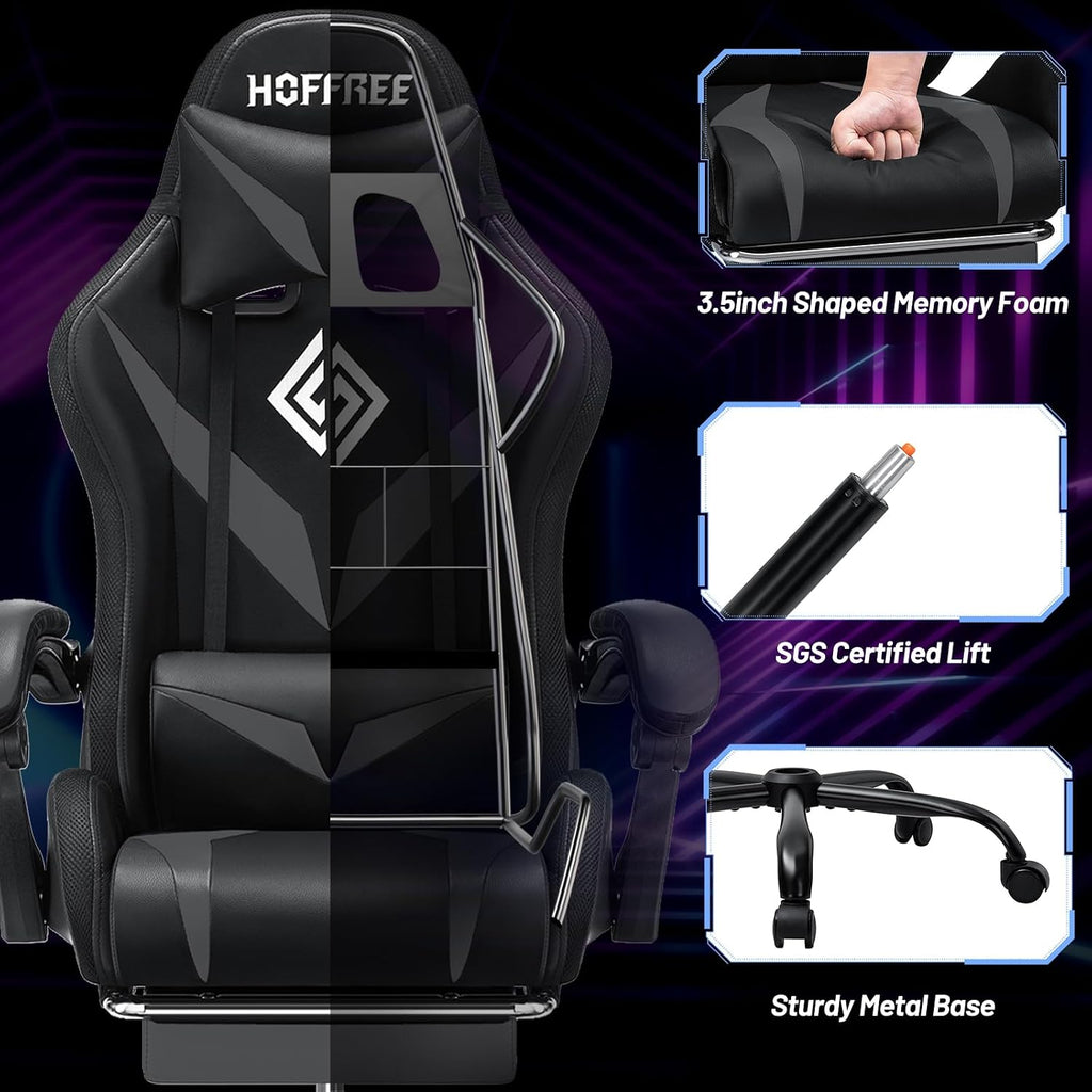 Gaming Chair Massage with LED RGB Lights and Footrest Ergonomic Computer Chair High Back Video Game Chair with Adjustable Lumbar Support Linkage Armrest Grey and Black