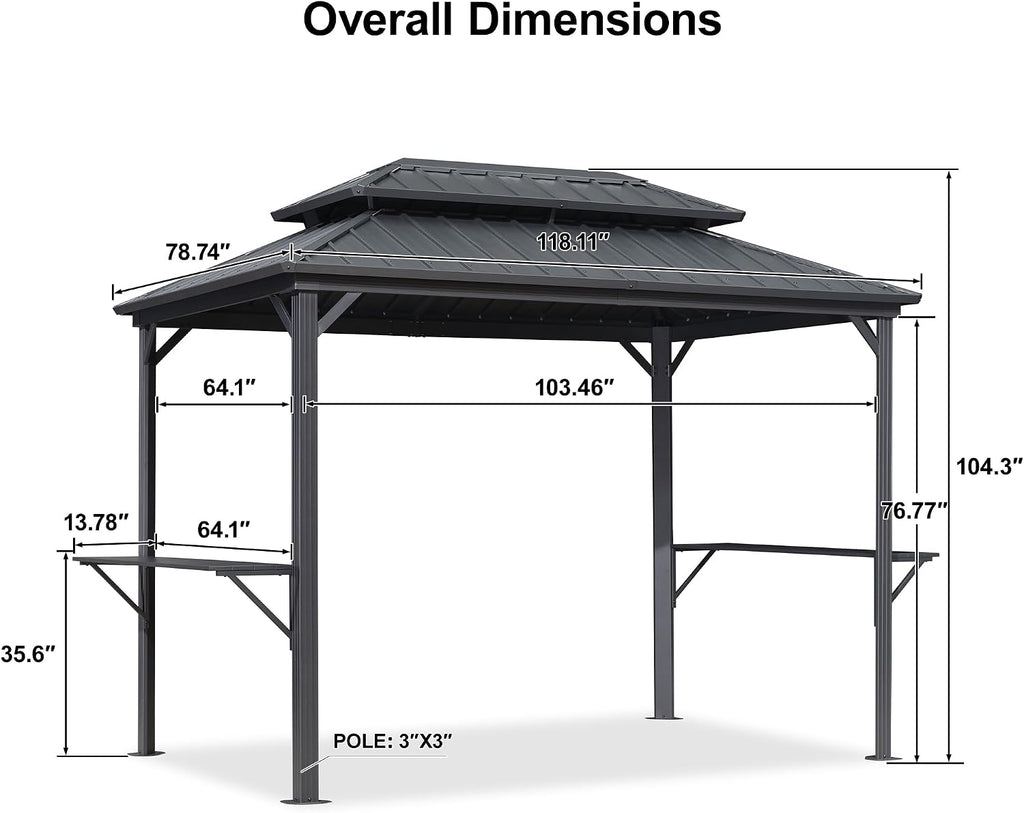 PURPLE LEAF 6.5' X 10' Hardtop Grill Gazebo for Patio Permanent Aluminum Barbeque Shelter Gazebo Canopy with Ceiling Hook and Shelves Double Tiered Grey Outdoor BBQ