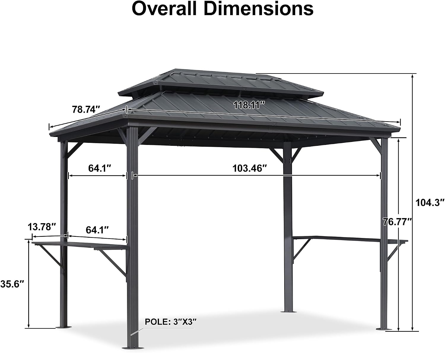 PURPLE LEAF 6.5' X 10' Hardtop Grill Gazebo for Patio Permanent Aluminum Barbeque Shelter Gazebo Canopy with Ceiling Hook and Shelves Double Tiered Grey Outdoor BBQ