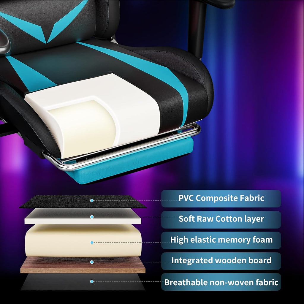 HOFFREE Gaming Chair with Bluetooth Speakers and Led Lights Massage Video Game Chair with Footrest Reclining High Back Computer Gamer Chair Blue and Black