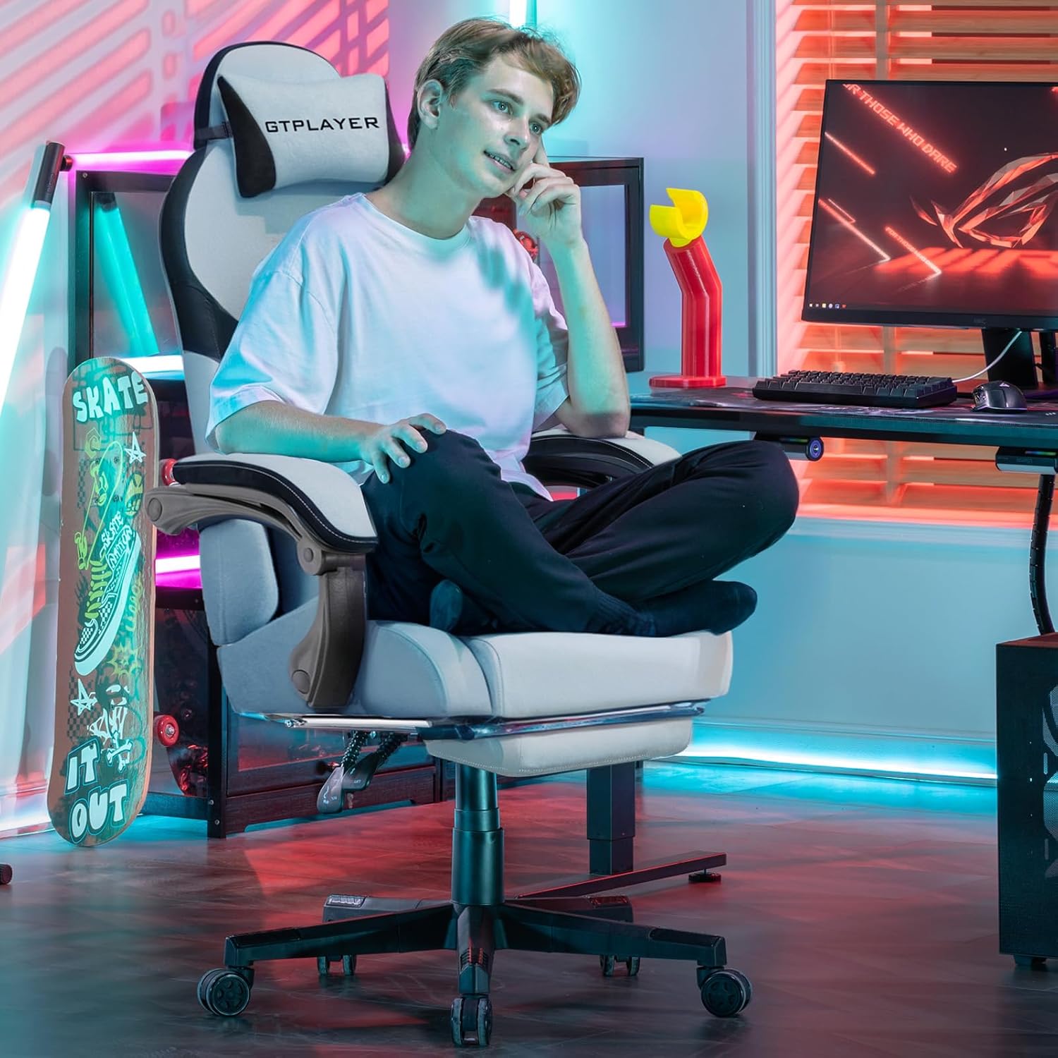 GTPLAYER Gaming Chair, Computer Office Chair Lumbar Support, Linkage Armrests and Footrest, Ergonomic Game Chair for Adults with Extended Backrest, Velvet Fabric, Light Blue