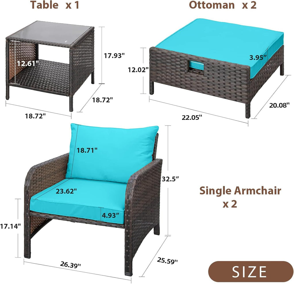 LEVELEVE Balcony Furniture 5 Piece Patio Conversation Set, PE Wicker Rattan Outdoor Lounge Chairs with Soft Cushions 2 Ottoman&Glass Table for Porch, Lawn-Brown Wicker